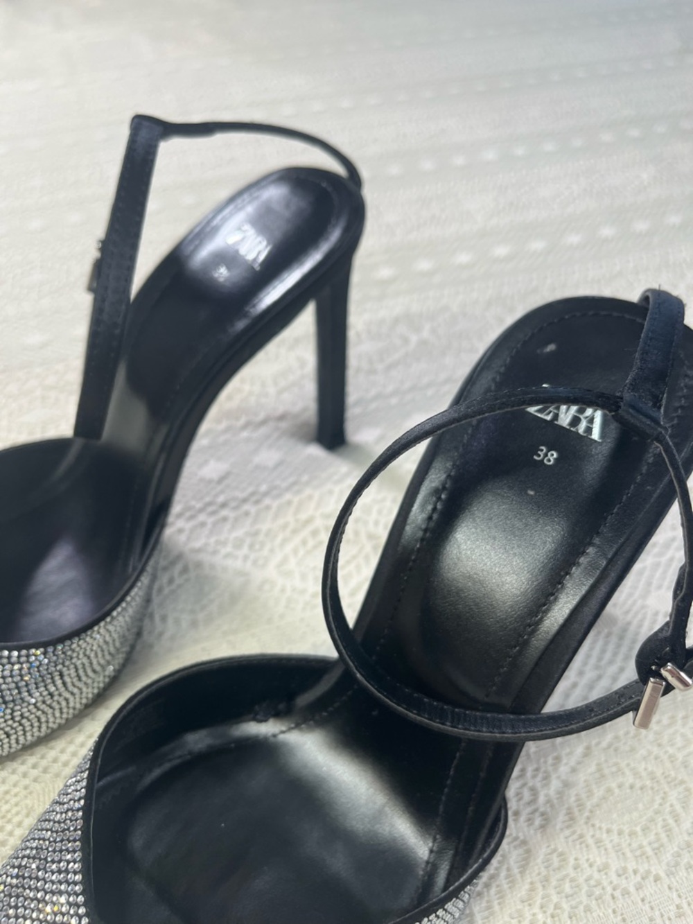 Zara Black Slingback Heels with Silver Rhinestone Pointed Toes - Picture 4 of 7